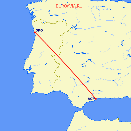 перелет Малага — Порту на карте