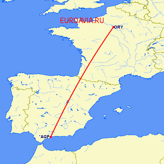 перелет Малага — Париж на карте