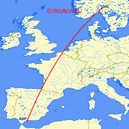 перелет Малага — Осло на карте
