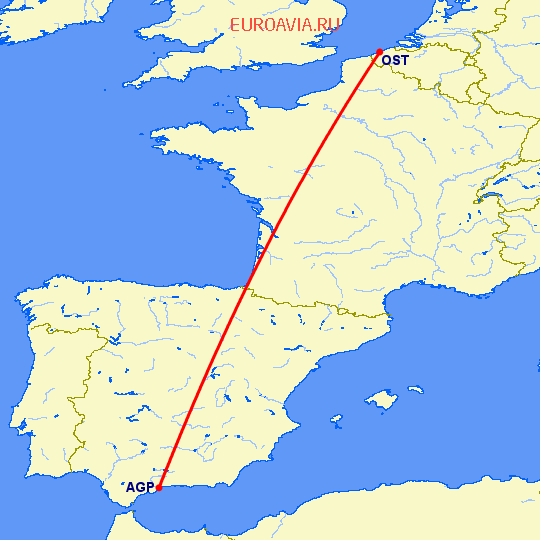 перелет Малага — Ostend на карте