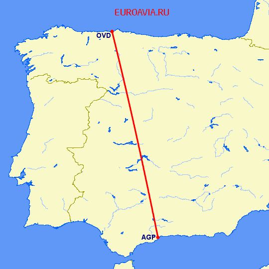 перелет Малага — Овьедо-Авилес на карте