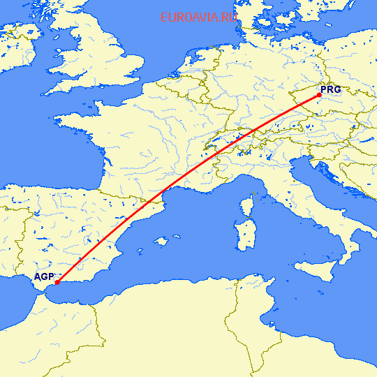 перелет Малага — Прага на карте