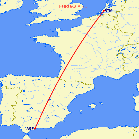 перелет Малага — Роттердам на карте