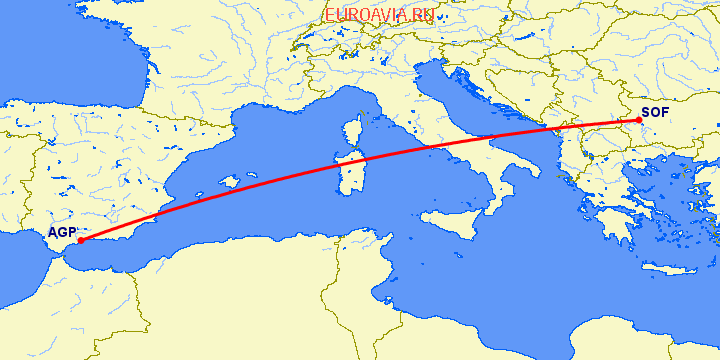 перелет Малага — София на карте