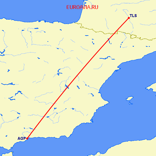 перелет Малага — Тулуза на карте