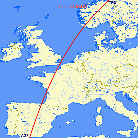 перелет Малага — Тронхейм на карте