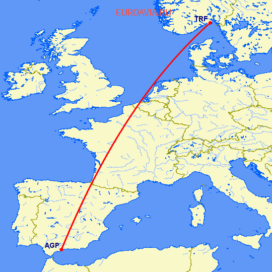 перелет Малага — Осло Торп на карте