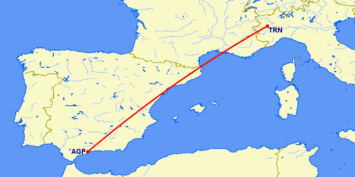 перелет Малага — Турин на карте