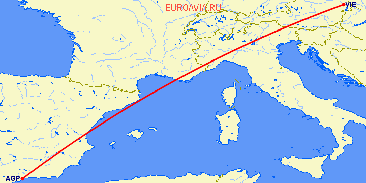перелет Малага — Вена на карте