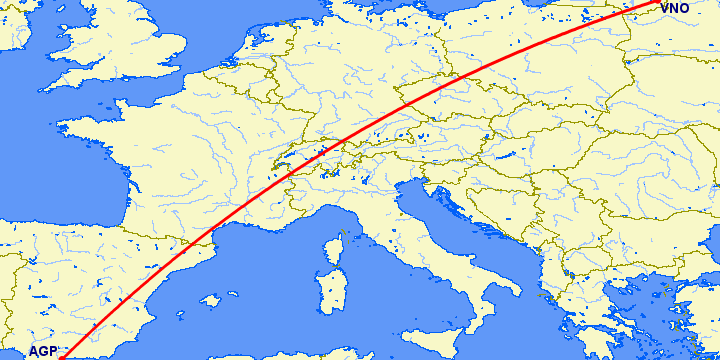перелет Малага — Вильнюс на карте