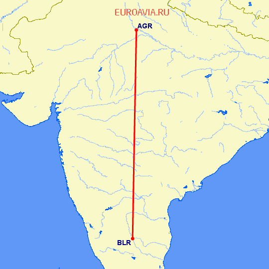 перелет Агра — Бангалор на карте