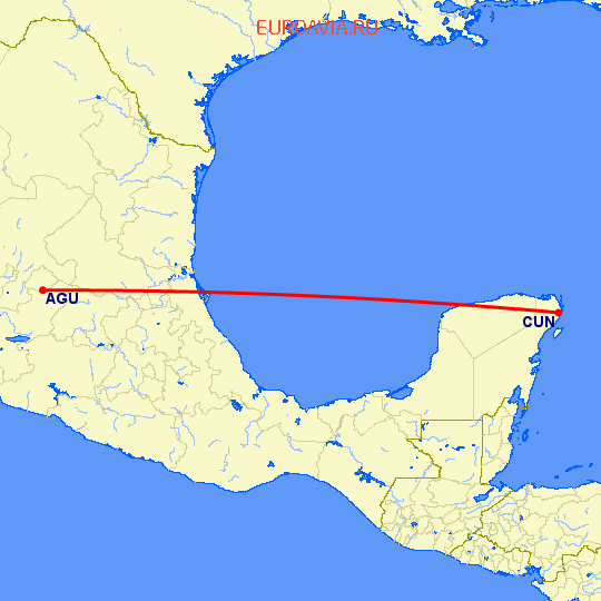 перелет Агуаскальентес — Канкун на карте