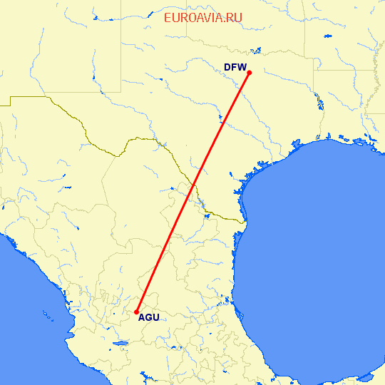 перелет Агуаскальентес — Даллас на карте
