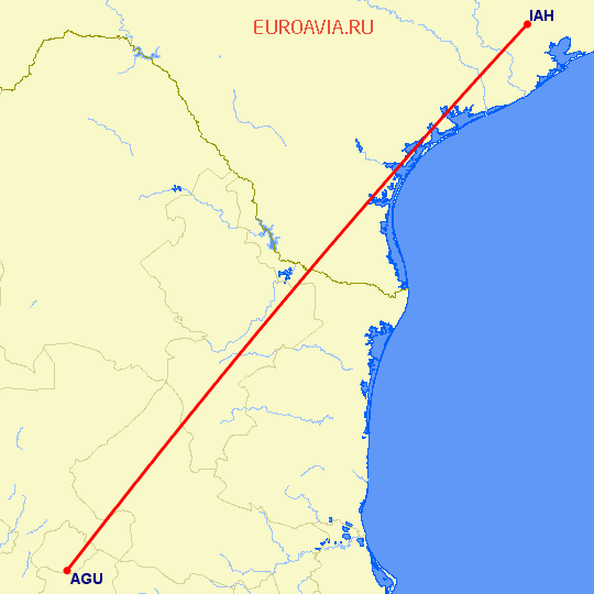 перелет Агуаскальентес — Хьюстон на карте