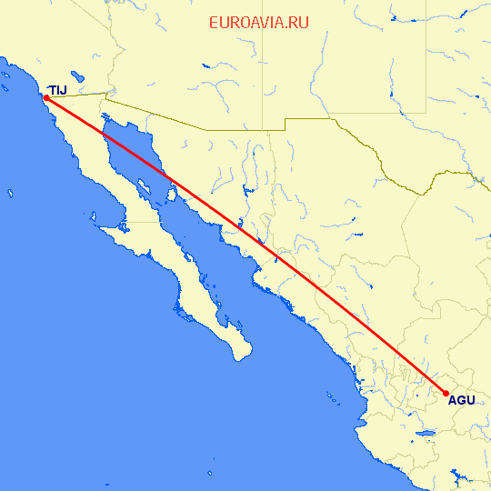 перелет Агуаскальентес — Тихуана на карте