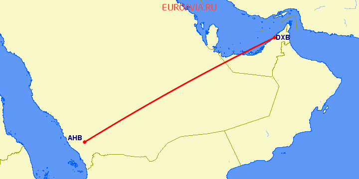 перелет Абха — Дубай на карте