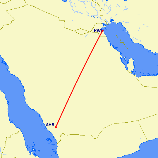 перелет Абха — Кувейт на карте