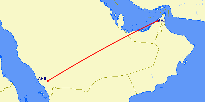 перелет Абха — Шарджа на карте