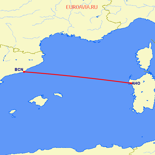 перелет Альгеро — Барселона на карте