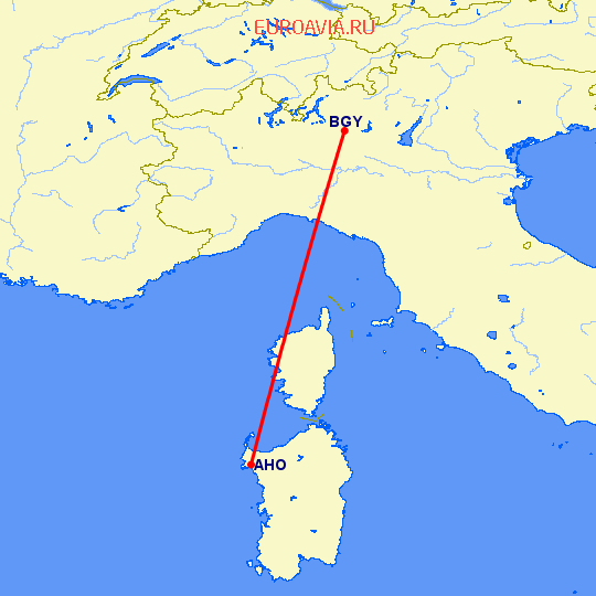 перелет Альгеро — Бергамо на карте