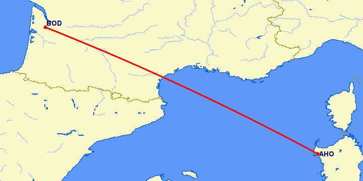 перелет Альгеро — Бордо на карте