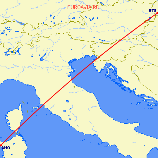 перелет Альгеро — Братислава на карте