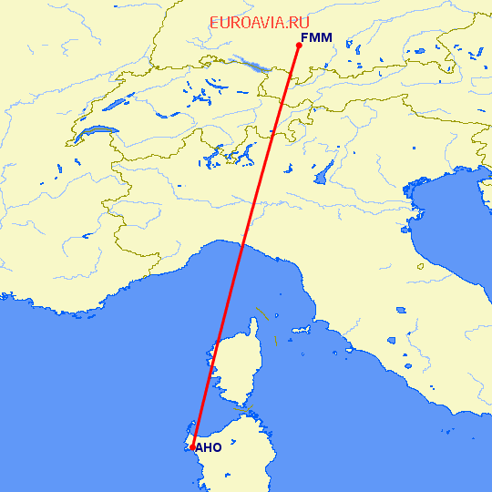 перелет Альгеро — Мемминген на карте