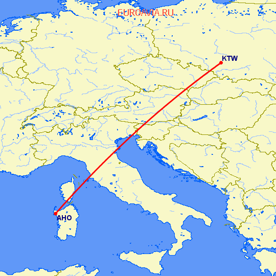 перелет Альгеро — Катовице на карте