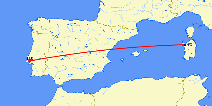 перелет Альгеро — Лиссабон на карте