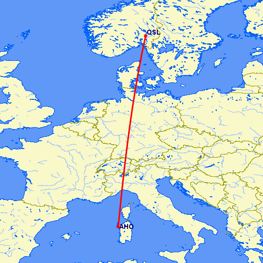 перелет Альгеро — Осло на карте