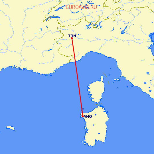 перелет Альгеро — Турин на карте