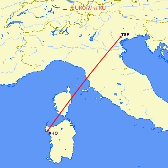 перелет Альгеро — Тревисо на карте