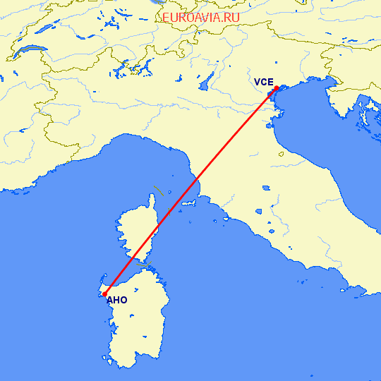 перелет Альгеро — Венеция на карте