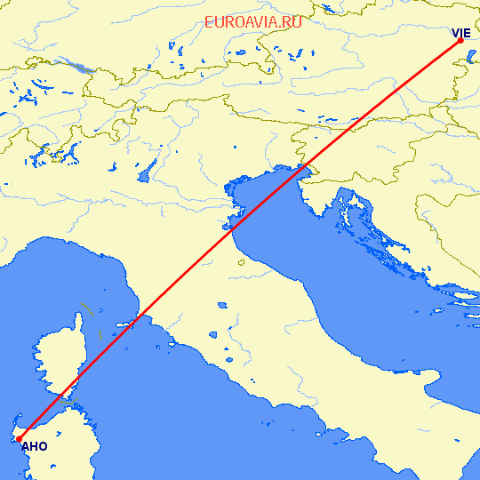 перелет Альгеро — Вена на карте