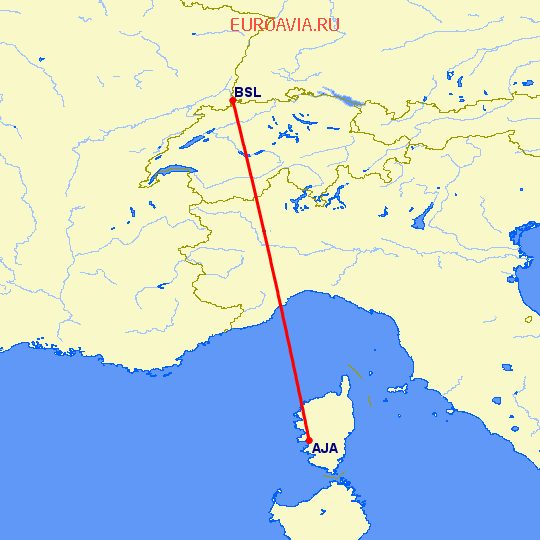 перелет Аяччо — Базель-Мюлуз на карте