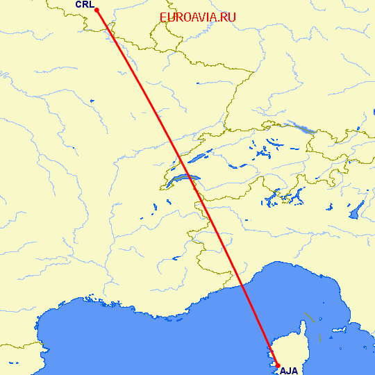 перелет Аяччо — Шарлеруа на карте