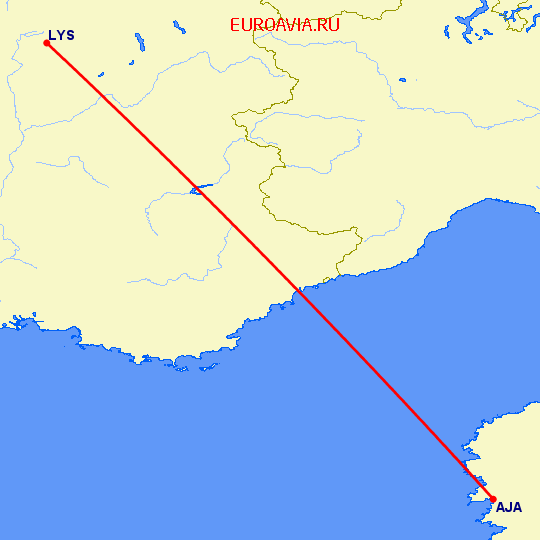 перелет Аяччо — Лион на карте