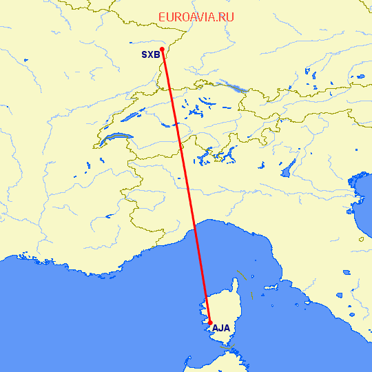 перелет Аяччо — Страсбург на карте