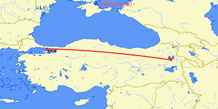 перелет Агри — Стамбул на карте