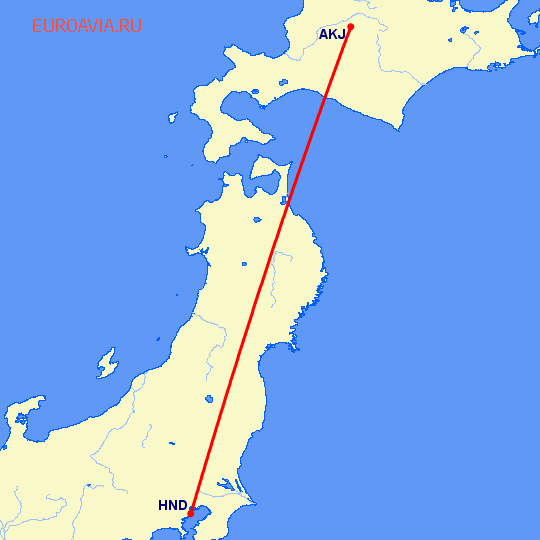 перелет Асахикава — Токио на карте