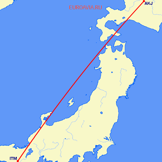 перелет Асахикава — Осака на карте