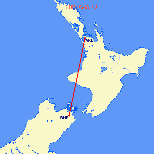 перелет Окленд — Бленхайм на карте