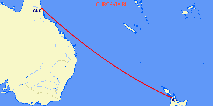 перелет Окленд — Кернс на карте