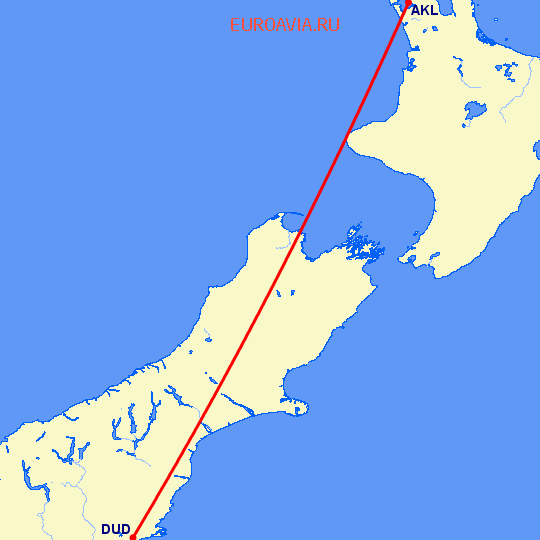 перелет Окленд — Дунедин на карте