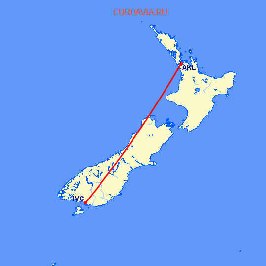 перелет Окленд — Инверкаргилл на карте