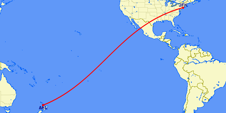перелет Окленд — Нью Йорк на карте
