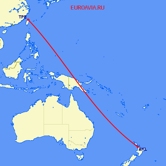 перелет Окленд — Тайбэй на карте