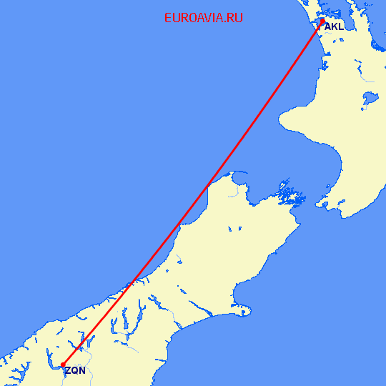 перелет Окленд — Куинстаун на карте