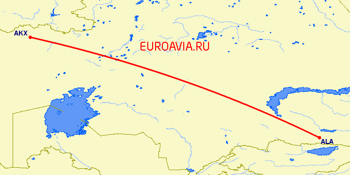 перелет Актюбинск — Алматы на карте
