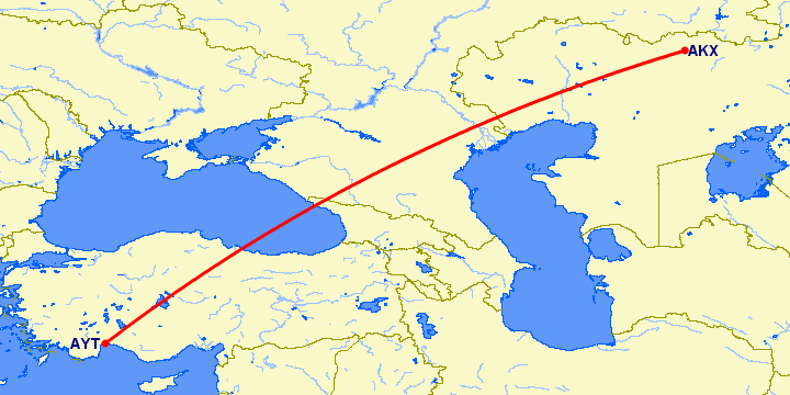 перелет Актюбинск — Анталия на карте